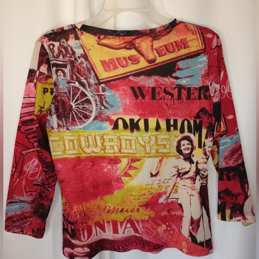 ELCC Y2K Western Graphic Mesh Top Womens Medium Red Fitted Edgy Retro - Picture 4 of 8